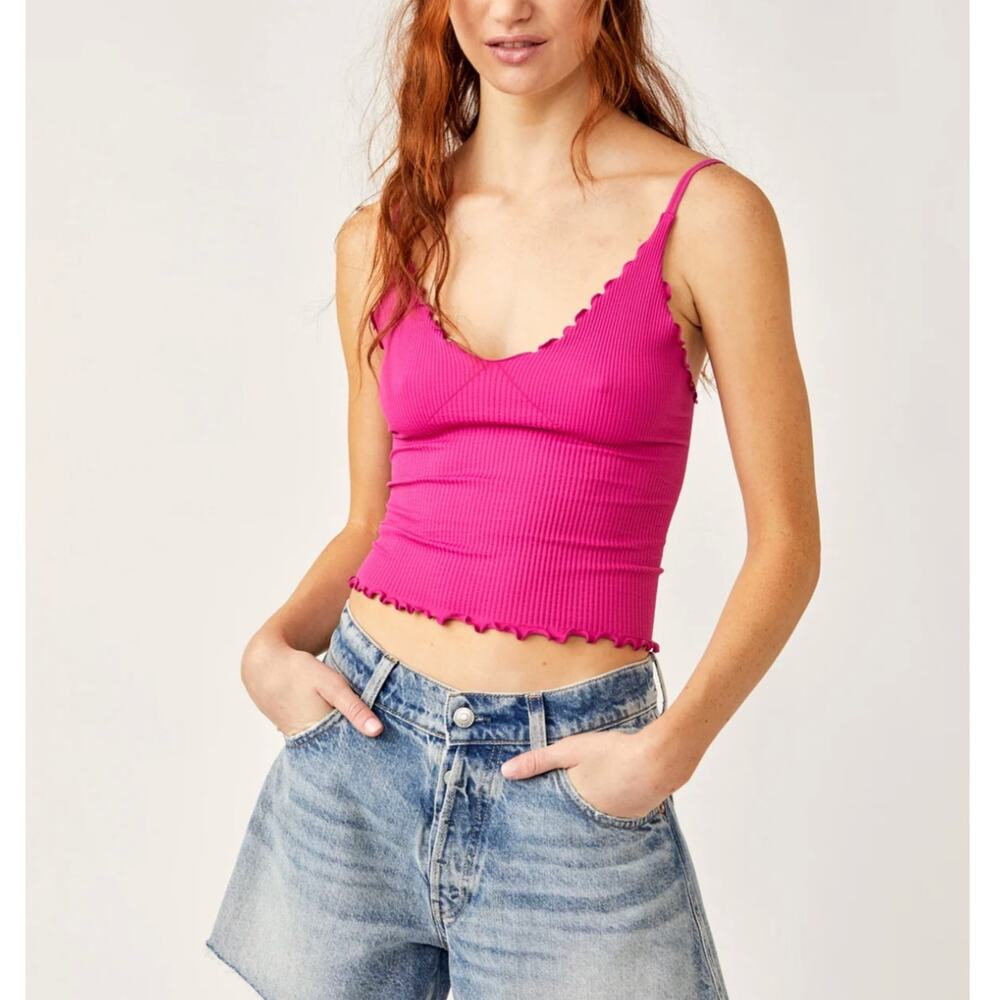 Aura Hot Pink Lettuce Hem Ribbed Cami Cropped Tank Top Size Medium/Large